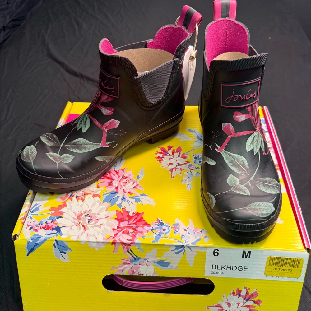 Joules Women's Black Floral Ankle Boots Size 6